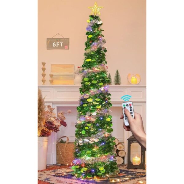 1-35.jpg HMASYO 6FT/1.8M Pop Up Tinsel Christmas Tree with 100 Timer Lights & Remote