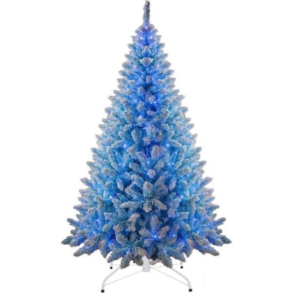 8Ft Flocked Prelit Blue Christmas Tree with Blue LED Lights Multifunction