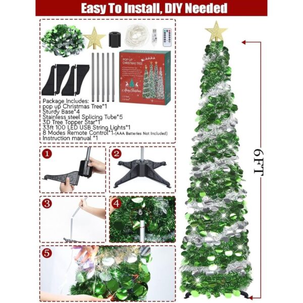 2-34-1.jpg HMASYO 6FT/1.8M Pop Up Tinsel Christmas Tree with 100 Timer Lights & Remote