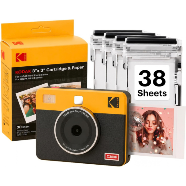 2-92.png KODAK Mini Shot 3 Retro 3x3 Instant Camera, Photo Printer, 38 Sheet, Yellow