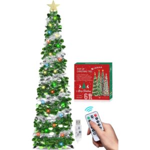 HMASYO 6FT/1.8M Pop Up Tinsel Christmas Tree with 100 Timer Lights & Remote
