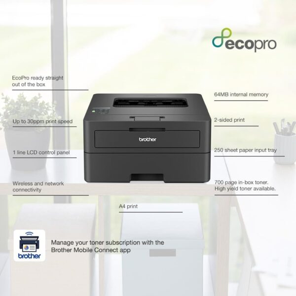51s80kU410L._AC_SL1000_.jpg Brother HL-L2400DWE Mono Laser Printer with EcoPro subscription,
