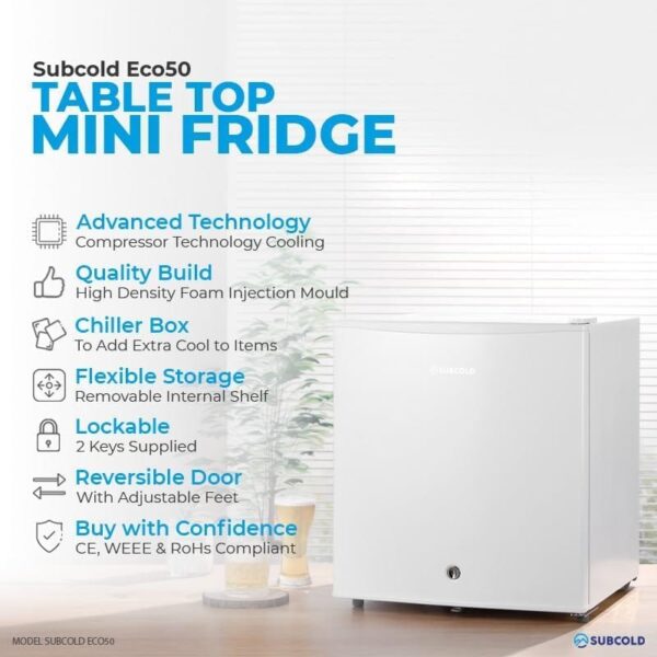 Subcold Eco50 Mini Fridge 45L Tabletop Solid Door | Chiller Box & Lock [Energy Class E]