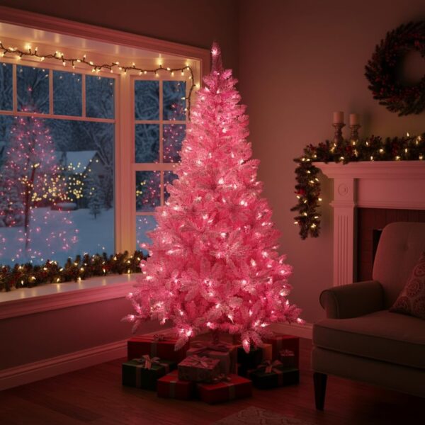 61A41gwLVJL._AC_SL1024_.jpg 8Ft Flocked Prelit Pink Christmas Tree with Pink LED Lights Multifunction
