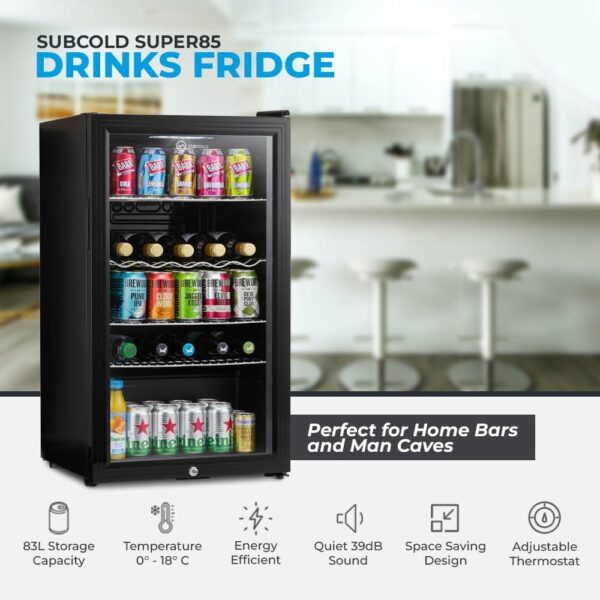 Subcold Super85 LED Beer Fridge  80 Cans + 5 Bottles | 0-18°C | Glass Door [Energy Class E]