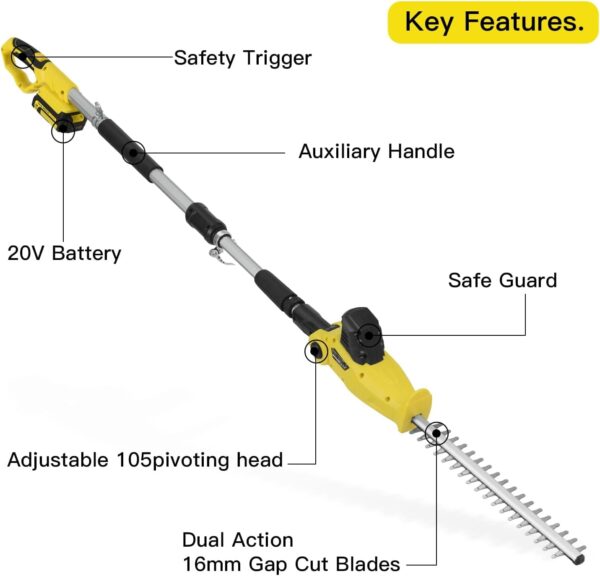 61Z7LfrLxLL._AC_SL1500_.jpg Cordless Pole Hedge Trimmer, PHIWOS 2.0Ah Battery and Charger Include