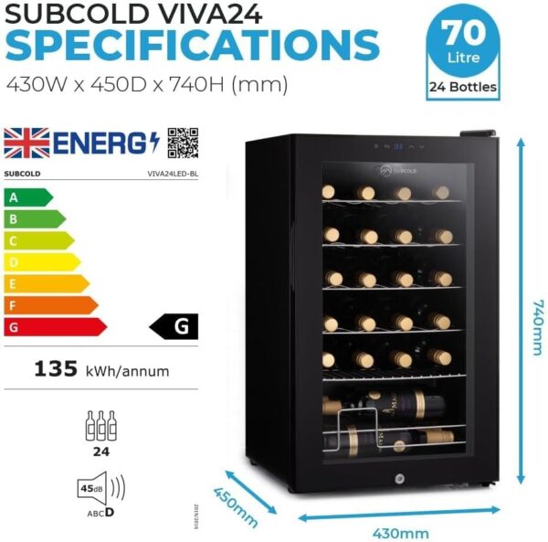Subcold Viva24 Wine Fridge | 24 Bottles | 3-18°C | Undercounter [Energy Class G]