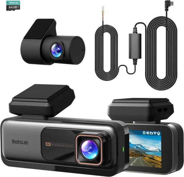 BOTSLAB 4K Dash Cam Front and Rear, with Hardwire Kit, STARVIS, 64 GB Card