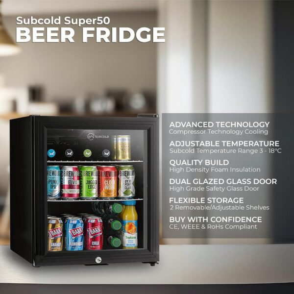 Subcold Super50 LED Beer Fridge  55 Cans | 3-18°C | Glass Door [Energy Class E]