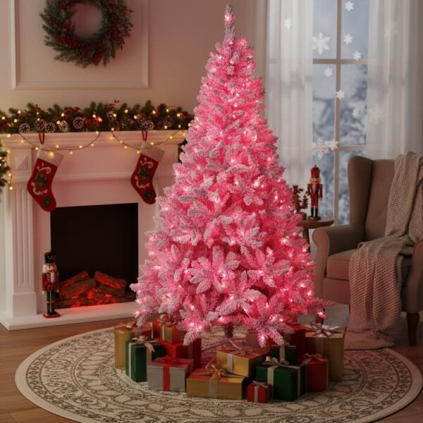 71hk4cMfL._AC_SL1024_.jpg 8Ft Flocked Prelit Pink Christmas Tree with Pink LED Lights Multifunction