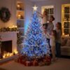 8Ft Flocked Prelit Blue Christmas Tree with Blue LED Lights Multifunction