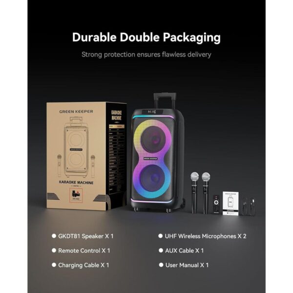 8-2.jpg GKDT81 Karaoke Machine with 2 Microphones for Adults, 80W Rated Power, Dual 8" Woofers, Portable Bluetooth Party Speaker with Wheels & Pull Handle