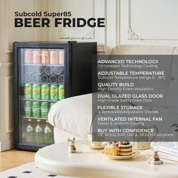 Subcold Super85 LED Beer Fridge  80 Cans + 5 Bottles | 0-18°C | Glass Door [Energy Class E]