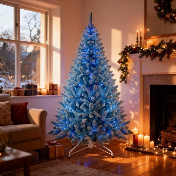 8Ft Flocked Prelit Blue Christmas Tree with Blue LED Lights Multifunction