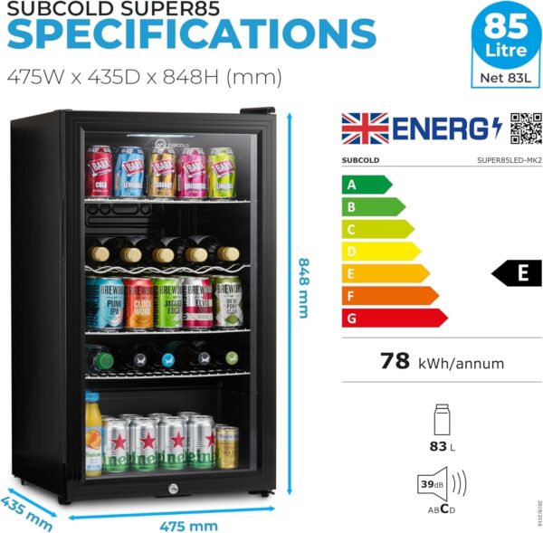 Subcold Super85 LED Beer Fridge  80 Cans + 5 Bottles | 0-18°C | Glass Door [Energy Class E]