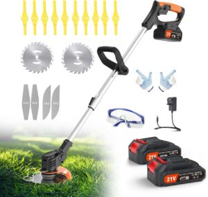 81kStn6DEKL._AC_SL1500_.jpg Cordless Strimmer 21V Li-ion Batteries Metal Blade Strimmer grass trimmers With Fast Charger 20 different types of blades for Garden Clearing Weeds Flower Trees (BLACK)